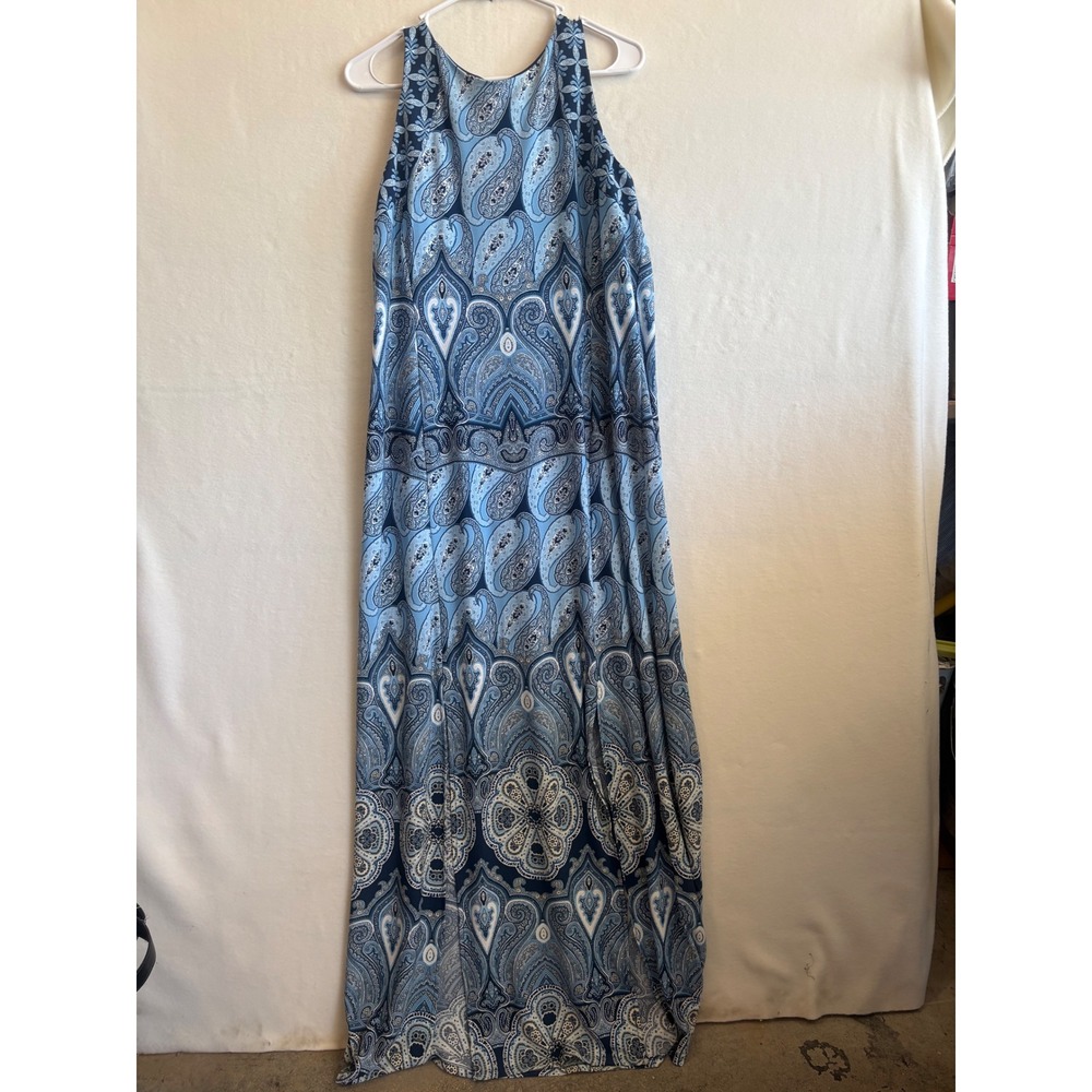 London Times Blue Paisley Sleeveless Maxi Dress Womens Size 16 Halter Neck Gown